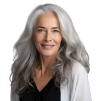 AI generated Beautiful Aging mature woman with smooth healthy face skin and long gray hair and happy smiling on a transparent background. png