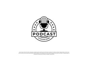 Podcast emblems. Radio logo, broadcast and studio badges with vintage microphones. vector