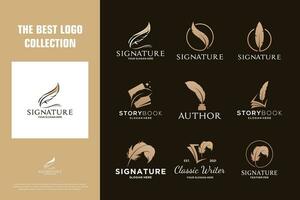 colección de pluma firma logo diseño. autor logo con dorado color. vector