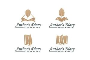 Set of notes book and quill pen logo design. vector