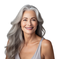 AI generated Beautiful Aging mature woman with smooth healthy face skin and long gray hair and happy smiling on a transparent background. png