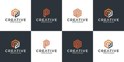 set creative letter p symbol logo design monogram hexagon with shadow for your company vector