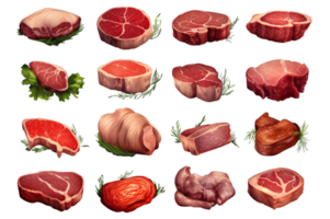 ai generado conjunto de Fresco carne. diferente partes de animal carne carne de vaca en un transparente antecedentes. png