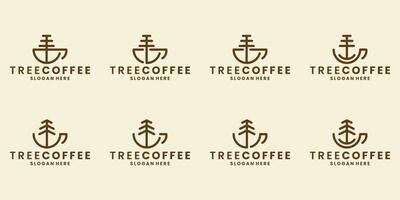 conjunto de taza café con árbol concepto logo diseño vector