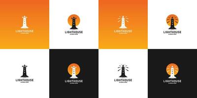 set of lighthouse logo design with sunset combination. vector