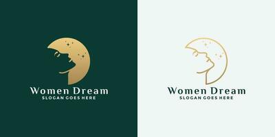 dream woman logo design with woman face and moon vector
