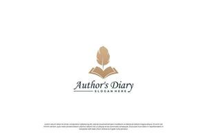 Notes book and quill pen logo design. Feather pen logo template. vector