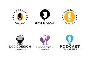 set of podcast logo. microphone with wreath combine. podcast badge template. vector