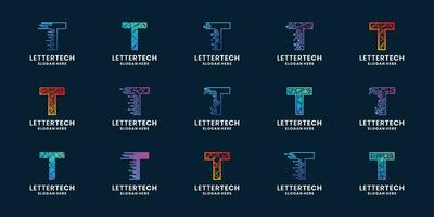 set of modern letter T technology logo design inspiration with gradient color vector