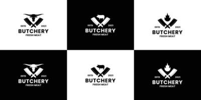 set of butchery logo design vintage. butchery elements. chef knife and pig combination vector