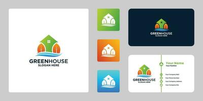 green house, modern eco house logo design with gradient color and business card design. vector