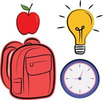 Cartoon Bag, Apple, Clock and Idea Light Bulb Hand Drawn Back to School Icons vector