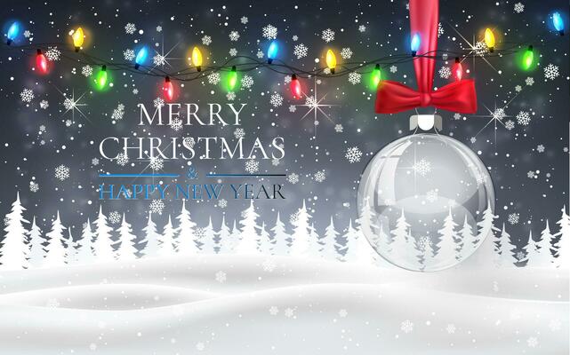 Christmas ball with red bow, snowy night woodland landscape with falling snow, firs, light garland, snowflakes for winter and new year holidays. Xmas winter background