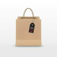 Black Friday Sale. Realistic brown Paper shopping bag with handles and funky tag isolated on white background. Vector illustration