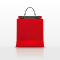 Realistic red Paper shopping bag with handles isolated on white background. Vector illustration