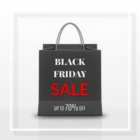 Black Friday Sale. Realistic black Paper shopping bag with handles isolated on white background. Vector illustration
