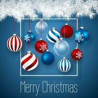 lujo Navidad diseño con azul rojo Navidad pelotas y Navidad vaso pelota terminado azul antecedentes. fiesta decoración modelo. vector ilustración