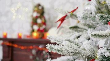 Fireplace with Christmas decorations on it. Dolly rack focus video