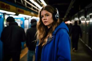 AI generated Young girl with headphones in the subway listening music. Neural network AI generated photo