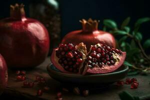 AI generated Ripe pomegranate with juicy seeds, on old wooden table. Neural network AI generated photo