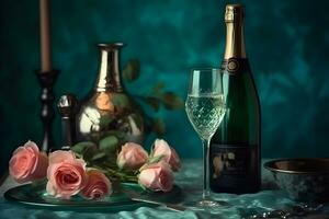 AI generated Champagne and roses elegant background. Neural network AI generated photo