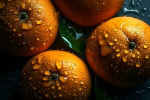 AI generated fresh orange fruits with leaves as background, top view. Neural network AI generated photo
