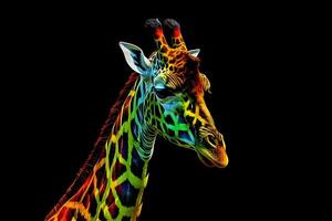 AI generated Rainbow art giraffe on a black background. Neural network AI generated photo