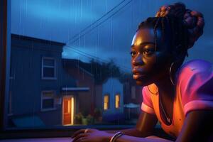 AI generated African girl in headphones at night dreaming near the window. Neural network AI generated photo