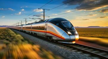 ai generado tren en el rieles, tren en el ferrocarril, tren en movimiento, tren en el estación foto