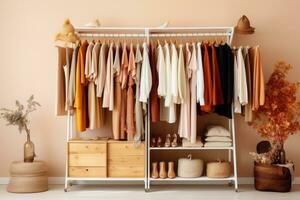 AI generated Wardrobe rack with different clothes, shoes and accessories. Interior design, Building stylish wardrobe, seasonal capsule for easy dressing, order in things concept, AI Generated photo