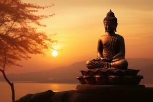 AI generated Buddha statue on sunset background, Buddha statue with sunset background, Buddha statue in the sunset, AI Generated photo