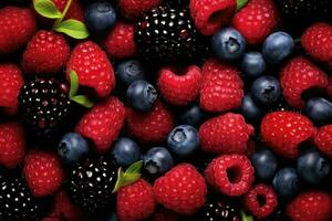 AI generated Blackberries, raspberries and blueberries on a black background, Background featuring raspberries, blueberries, blackberries, strawberries, and raspberries, AI Generated photo