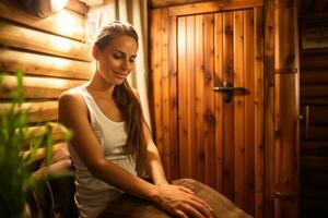 ai generado joven mujer relajante en sauna a spa centro. ella es mirando a cámara y sonriente, hermosa caucásico mujer teniendo espalda masaje en frente de de madera sauna gabinete, ai generado foto