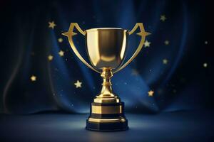 AI generated Golden trophy cup on blue curtain background. 3D rendering. Clipping path included, Champion golden trophy with gold stars on a dark blue background, AI Generated photo