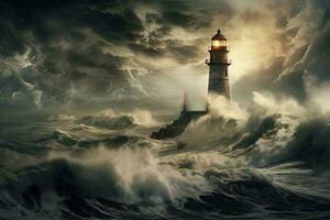 AI generated Lighthouse on stormy sea background. Elements of this image are furnished by NASA, AI Generated photo