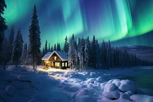 AI generated Aurora borealis, northern lights in the winter forest, AI Generated photo