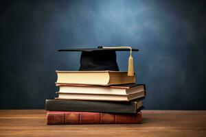 ai generado graduación gorra en apilar de libros en de madera mesa. educación concepto, libro apilar con un graduación sombrero en parte superior de el libros con un montón de vacío espacio, ai generado foto