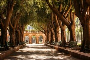 ai generado alcázar, Sevilla, Andalucía, España, jardines y arboles en el urbano parques de marrakech, Marruecos, ai generado foto