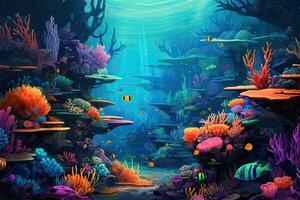 AI generated Underwater world. Underwater world with corals and tropical fish, AI Generated photo