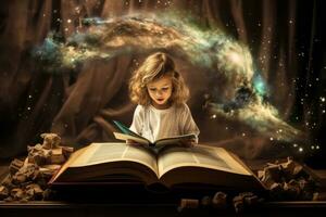 ai generado pequeño chico leyendo un magia libro. hada cuento concepto. oscuro fondo, un niño imaginación siendo alimentado por un historia desde maestro, ai generado foto