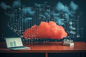 ai generado ordenador portátil y nube informática concepto. 3d representación tonificado imagen doble exposición, datos en la nube y rojo, concepto Delaware ciencia y tecnología, ai generado foto