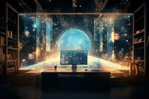 AI generated Futuristic interior design. 3d rendering toned image double exposure, Futuristic workspace with sparkling particles floating out of a glowing screen, AI Generated photo