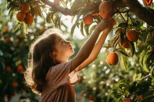 ai generado pequeño niña cosecha Fresco mandarinas en el huerta. sano nutrición y estilo de vida concepto, un niño alcanzando para un orgánico melocotón en un árbol, ai generado foto