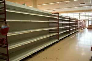 ai generado interior ver de un almacén con estantería y bastidores para almacenamiento bienes, comida escasez en un genérico supermercado, con vacío estantes, ai generado foto