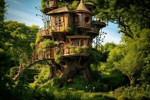 ai generado hermosa fantasía jardín con un de madera casa en parte superior de un árbol, ai generado foto
