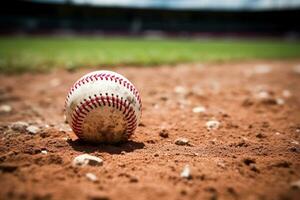 ai generado béisbol en el campo Listo a jugar. de cerca, béisbol en el dentro del campo tiza línea, ai generado foto