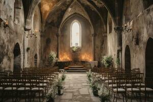 ai generado interior de un Iglesia con un lote de filas de sillas, un destino Boda en un medieval castillo, ai generado foto