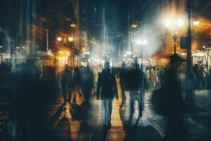 ai generado siluetas de personas caminando en el calle a noche en praga, un multitud de personas camina en el ciudad a noche, creando un borroso fondo, ai generado foto