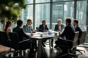 AI generated Group of business people having a meeting in modern office. Businessmen and businesswomen in formalwear discussing something while sitting at the table, AI Generated photo