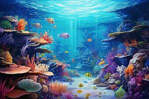 AI generated Underwater world with corals and tropical fish, 3d render, AI Generated photo